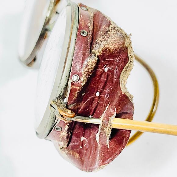 Antique Vintage Motorcycle Glasses W/ Side Leather Metal Wire Frame Round Lens - Picture 9 of 16